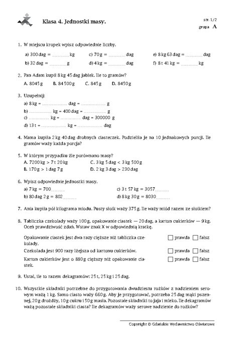 Jednostki masy ćwiczenia Klasa 4 Jednostki masy str 1 grupa A W