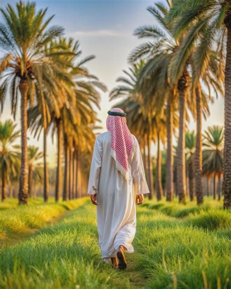 A Saudi Man Walking Through A Palm Grove At Sunset Generative Ai