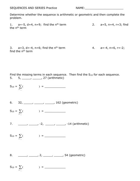 Sequences And Series Worksheet