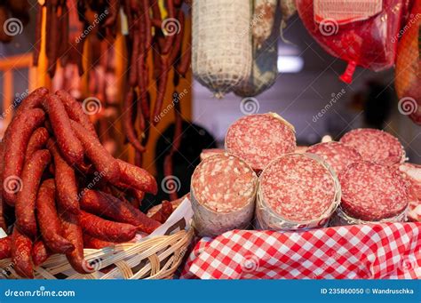 There Are Many Different Types Of Sausage At The Market Stall Stock