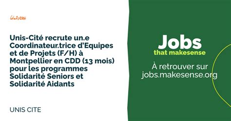 Unis Cit Recrute Un E Coordinateur Trice Dequipes Et De Projets F H