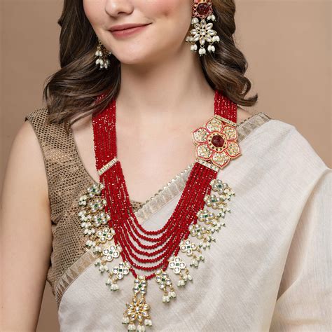 Buy Panash Gold Plated Kundan Stone Pearl Red Beaded Jewellery Set Online