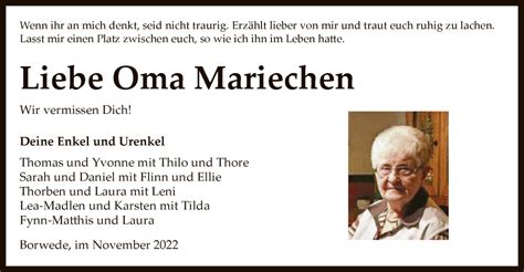 Traueranzeigen Von Mariechen Trauer Kreiszeitung De