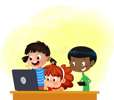 Kids Friends Playing On Laptop Computer At Home Together Stock Vector