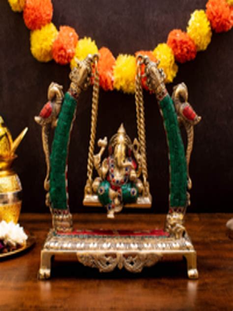 Buy StatueStudio Gold Toned Green Brass Ganesha Idol Swing On Jhula