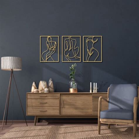 Female Body Metal Wall Art Set Of 3 Nude Woman Line Art Etsy