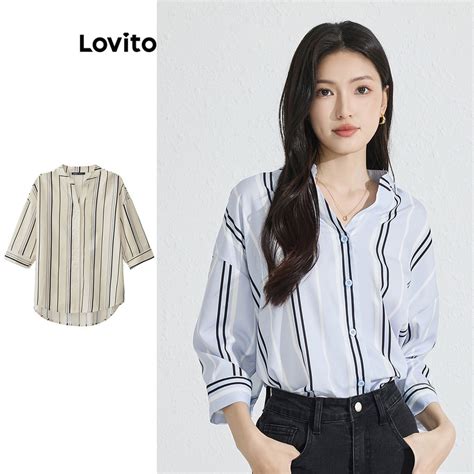 Lovito Casual Striped Button Front Blouses For Women L Ed Multi