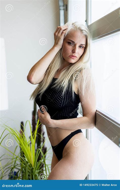 Gorgeous Blonde Model Poses In Lingerie In A Home Environment Stock Image Image Of Coffee