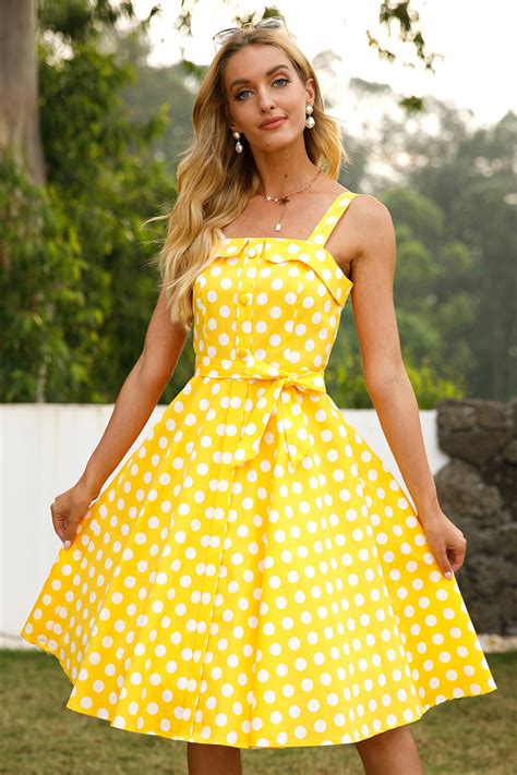 Zapaka Women Vintage Dress Yellow Polka Dots A Line Sleeveless 1950s Sundress