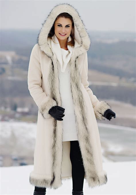 Ivory Faux Fur And Suede Full Length Hooded Coat Faux Fur Full Length