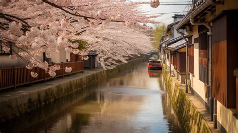 Japanese Town With Cherry Blossom Trees On The Side Of A Narrow Canal