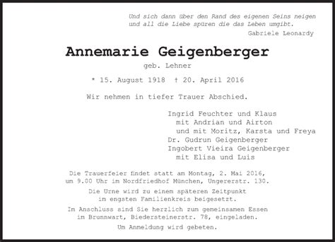 Traueranzeigen Von Annemarie Geigenberger SZ Gedenken De