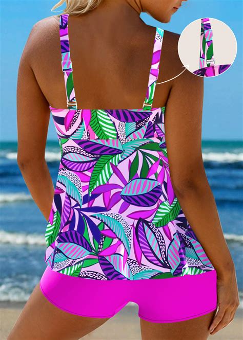 Floral Print Smocked Hot Pink Tankini Set Rosewe Usd
