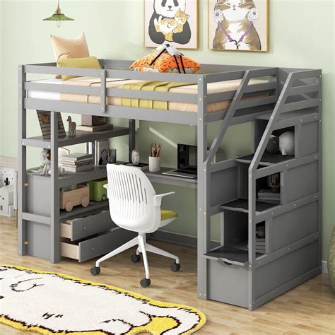 Stylish Twin Wooden Loft Bed With Desk And Shelves 2 Built In Drawers