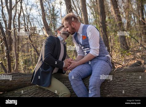 Two Men Gay Couple Kissing And Holding Hands Together Sitting In Wood Log In Woods Stock