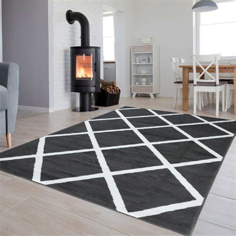 Tapiso Luxury Tapis de Salon Chambre Moderne Gris Foncé Blanc Carreaux