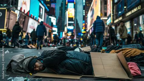 A Crowded City Street Filled With Homeless Individuals Sleeping On