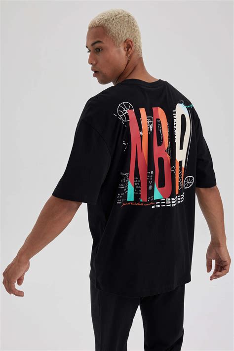 Siyah Erkek Defactofit Nba Wordmark Oversize Fit Bisiklet Yaka Ti Rt