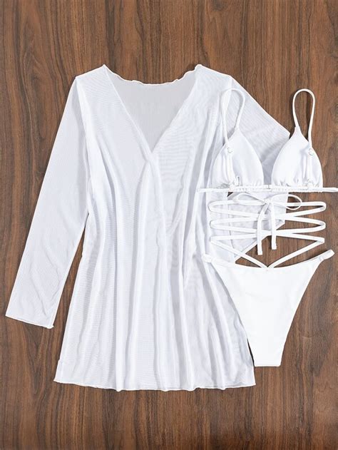 SHEIN Swim Basics Sheer Bikini Set Triangle Bra Thong Tanga Cover Up Piece Bathing Suit