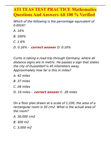 Ati Teas Test Practice Mathematics Questions And Answers All 100 Verified Ati Teas