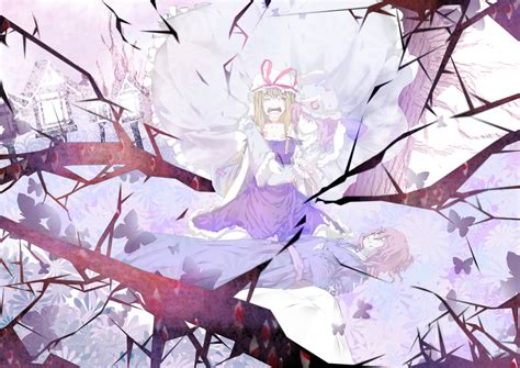 Touhou Girls Blonde Hair Bow Butterfly Dress Flowers Hat Long Hair Pink Hair