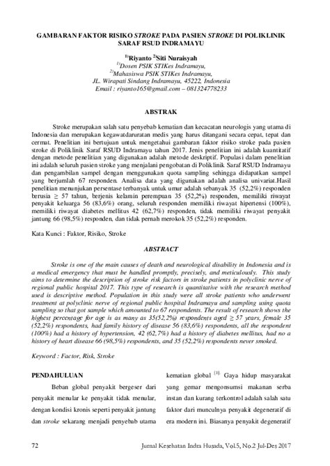 Pdf Gambaran Faktor Risiko Stroke Pada Pasien Stroke Di Poliklinik Saraf Rsud Indramayu Siti