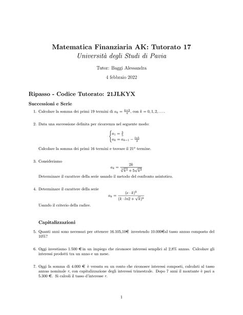 Esercitazioni Di Matematica Finanziaria Matematica Finanziaria Ak