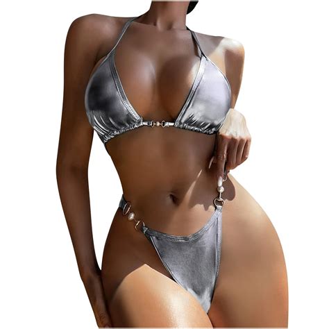 Lovskoo Women S Halter Metallicity Bikini Set High Cut Triangle