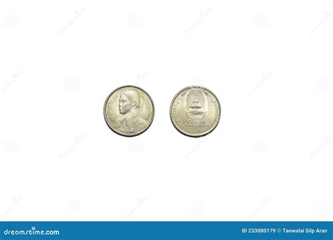 Coins Of Thailand 1 Baht B E 2520 A D 1977 Isolated On White Front And