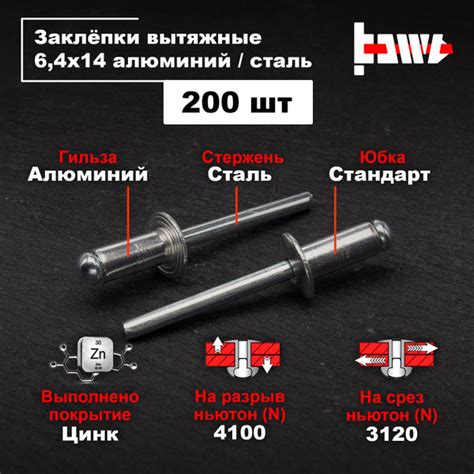 Заклёпки вытяжные для заклёпочника алюминиевые 6,4х14 200шт - купить с ...