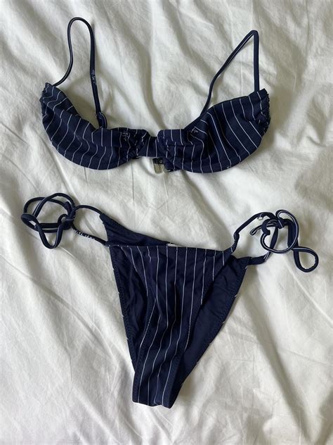 With Jéan Blue Striped Bikini Set Size M Depop