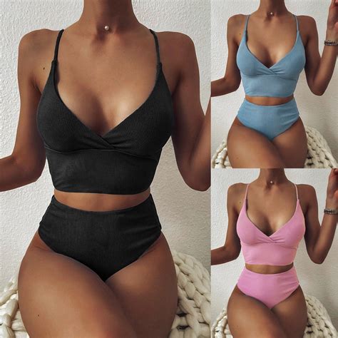 Wgoup Women Striped Push Up High Cut Hight Waist Halter Bikini Set Two