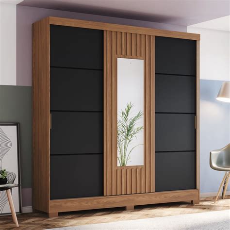Guarda-roupa 3 Portas Deslizantes com Aplique Ripado 2 Gavetas e Pés em