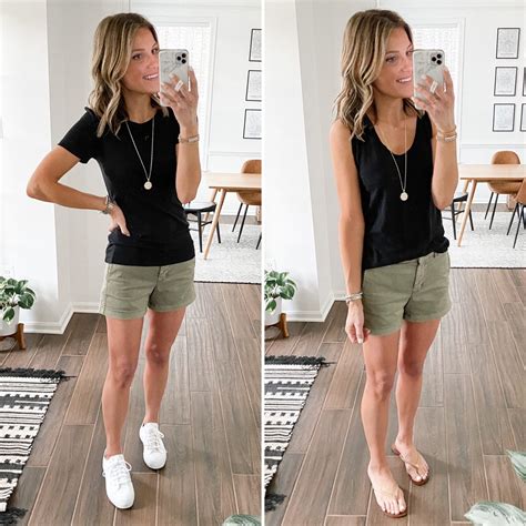 15 Ways To Style Olive Green Shorts These Merrilly Days Khaki Shorts Outfit Black Shirt