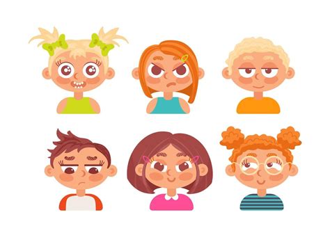 Conjunto De Caras De Niños De Diferentes Etnias Emociones Negativas