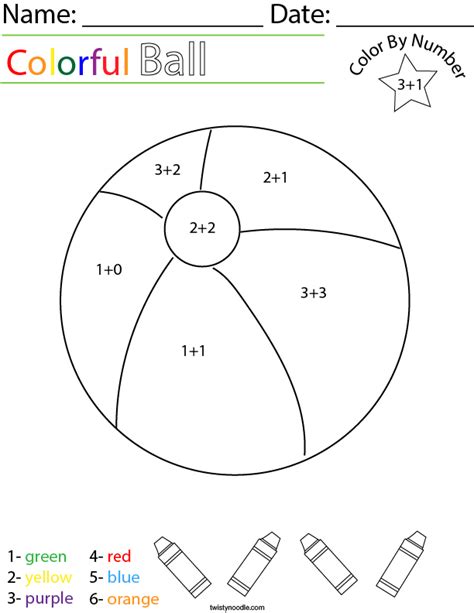 Addition Color By Number Ball Math Worksheet Twisty Noodle