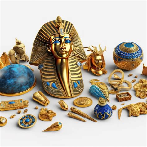 A collection of egyptian artifacts including a gold egyptian headpiece ...