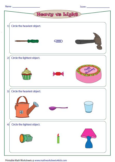 Grade 1 Heavy And Light Objects Worksheet