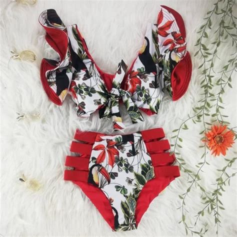 MAILLOT DE BAIN nouveau Bikini fleuri à volants Bikini ensemble femmes col en v taille