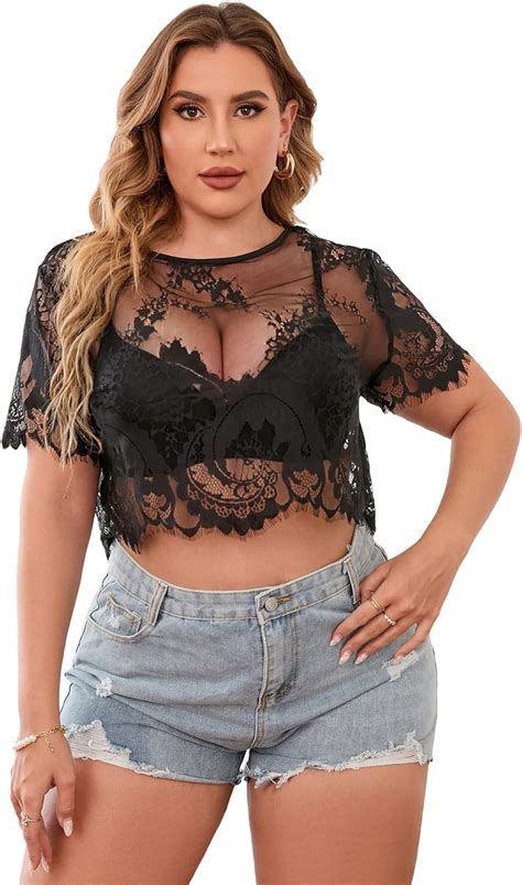 Wdirara Women S Plus Size Floral Lace Tee Shirts See Through Short