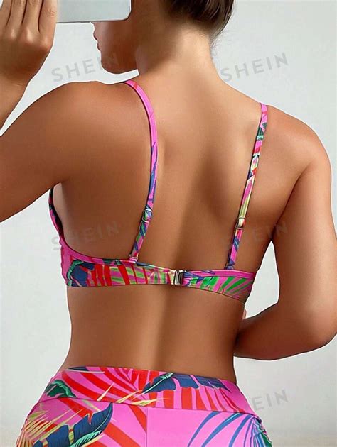 Shein Swim Summer Beach Tropical Print Push Up Bikini Top For Sale