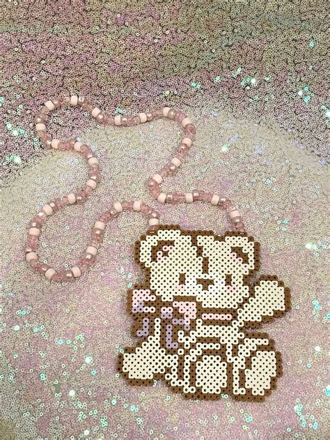 Coquette Teddy Bear Kandi Rave Necklace Perler Bead Art Perler Beads