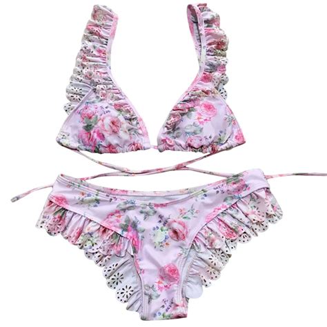 New Ruffled Floral Print Bikini Padded Backless Bikini Set Low