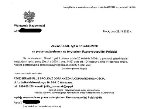 Document Of Work Permit In Poland Type A Explain With Sample Work