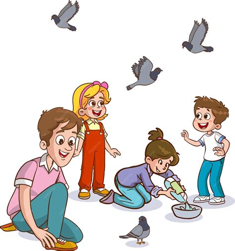 Premium Vector Children Feeding Pigeons Cartoon Vector