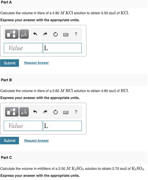 Solved Part A Calculate The Volume In Liters Of A M Kcl Chegg