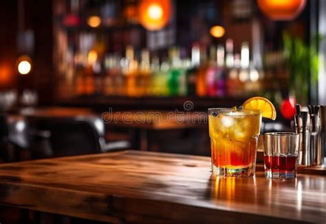 Wooden Table With A View Of Blurred Beverages Bar Backdrop Stock