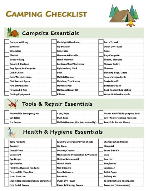 Camping Hiking Packing Gear Checklist – Reusable Tournament Brackets ...