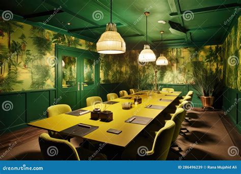 A Conference Room with a Green and Yellow Wallpaper Stock Illustration - Illustration of room ...