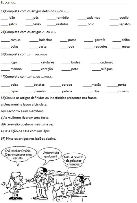 Atividade Sobre Artigos Definidos E Indefinidos 6 Ano